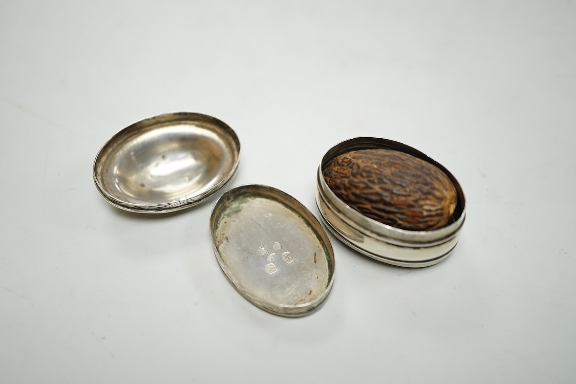 A George III silver oval nutmeg grater by Samuel Pemberton, Birmingham, date letter rubbed, 34mm.